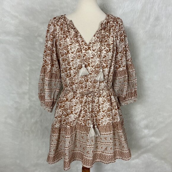Cleobella Ivory & Brown Tan Floral Tassel Belted Rosy Mini Boho Dress M - Picture 1 of 7